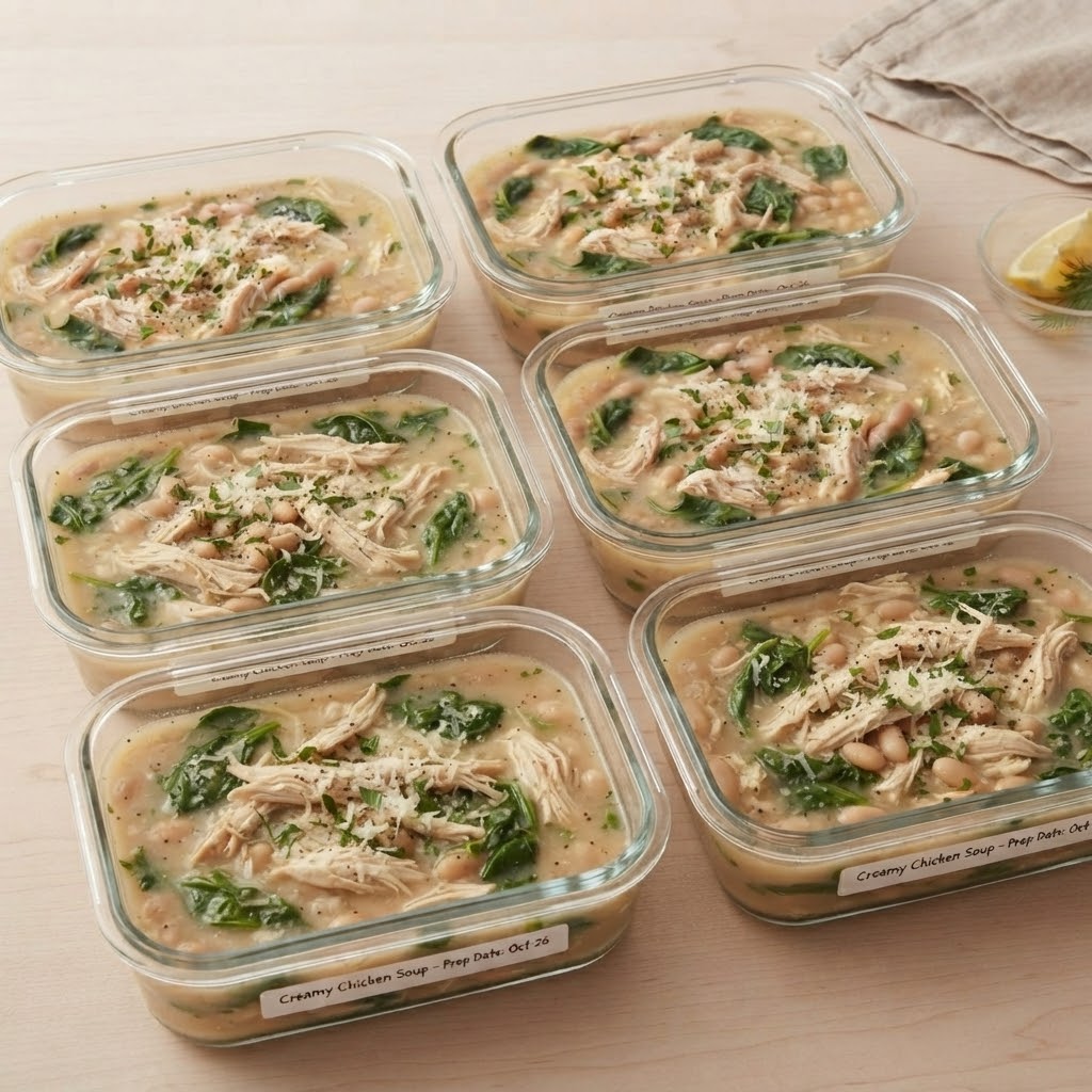 Six containers of creamy chicken soup with spinach and beans, garnished with herbs, on a light wooden surface.