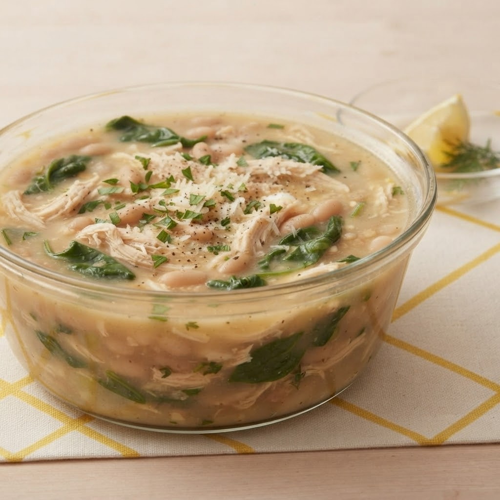 A bowl of chicken and white bean soup with spinach, garnished with herbs and cheese, served on a checkered cloth.