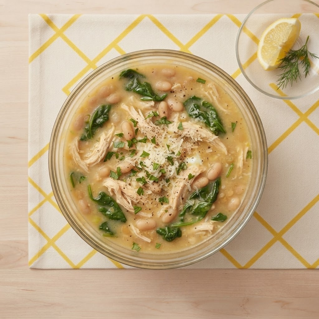 A bowl of white bean and spinach soup topped with shredded chicken, parsley, and pepper, served on a yellow plaid napkin alongside a slice of lemon.