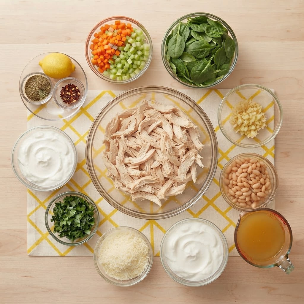 An assortment of ingredients for a recipe, including shredded chicken, diced carrots, celery, fresh spinach, garlic, white beans, various herbs, lemon, Greek yogurt, Parmesan cheese, and chicken broth, arranged in bowls on a wooden surface.