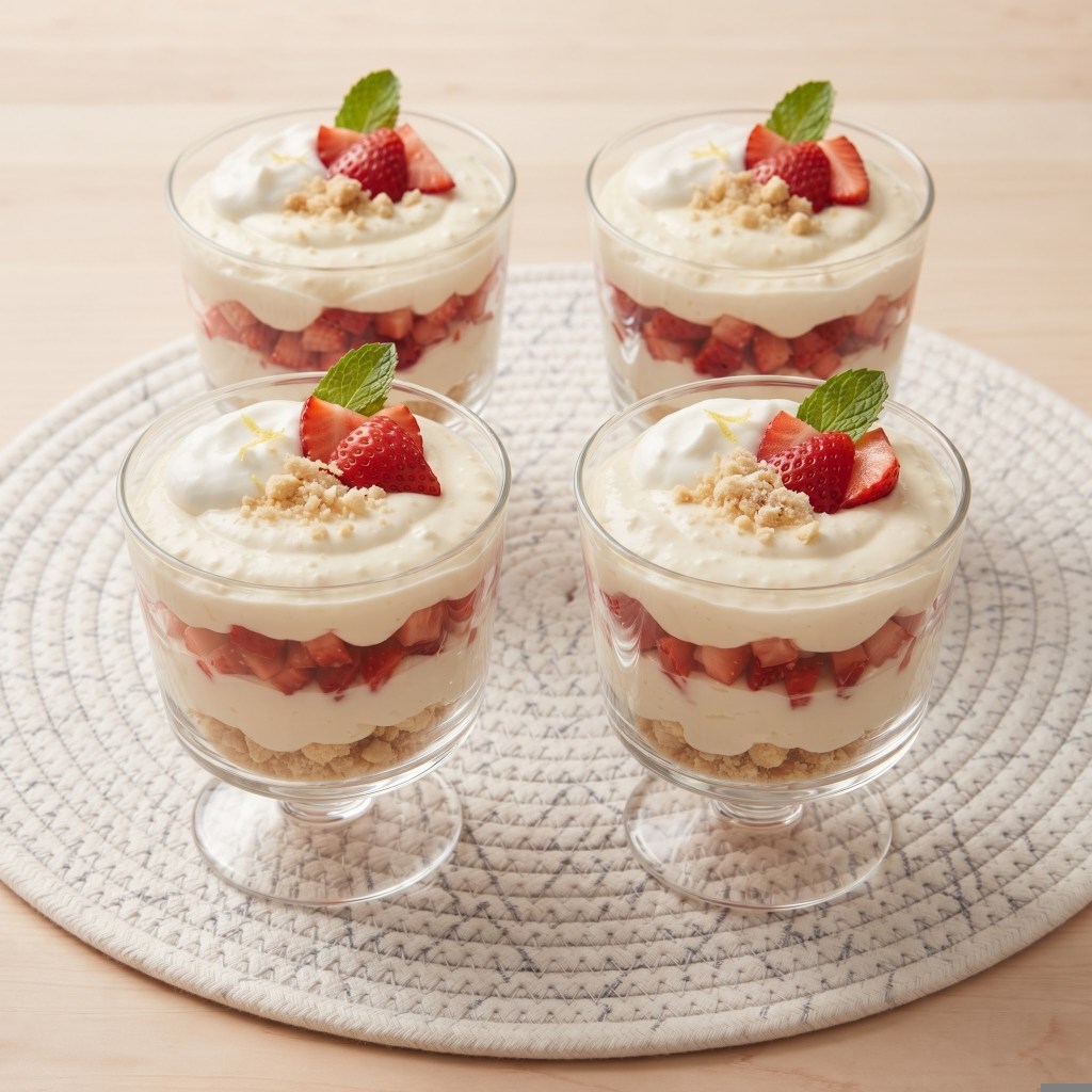 Four glasses of strawberry parfait layered with strawberries, cream, and crushed cookies, garnished with mint leaves, displayed on a woven placemat.