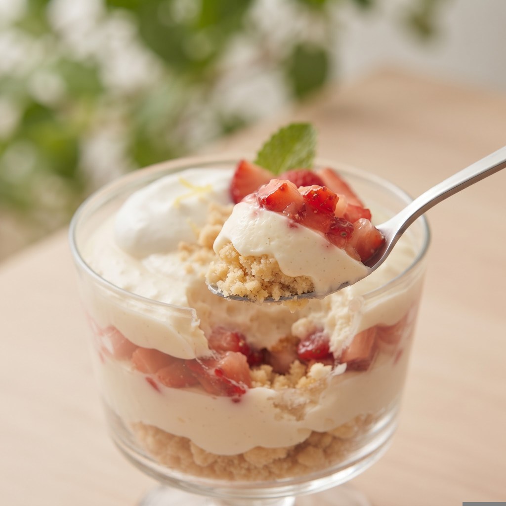 A close-up of a dessert glass filled with layers of creamy vanilla pudding, crushed cookies, and fresh strawberries, with a spoonful being lifted from the glass.