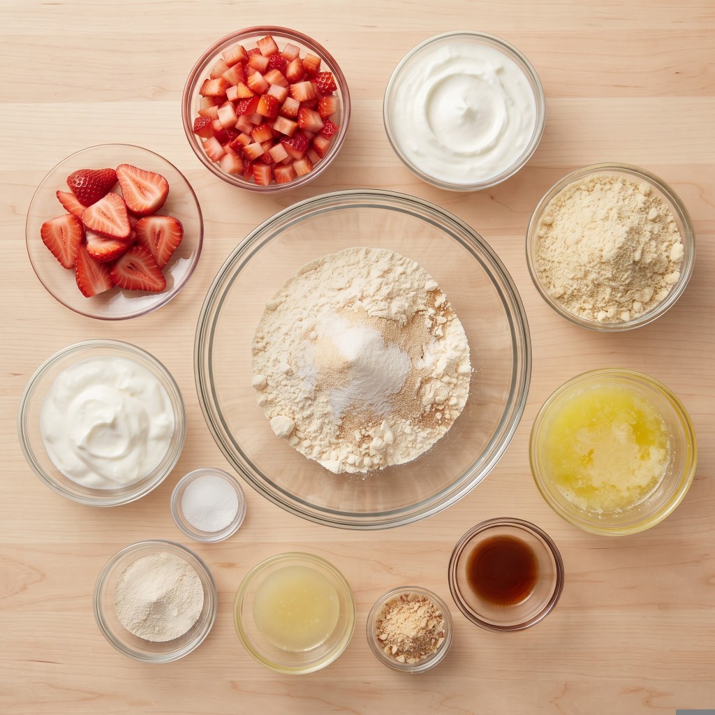 An assortment of baking ingredients displayed on a wooden surface, including chopped strawberries, yogurt, and various types of flour, along with liquid ingredients in small glass bowls.
