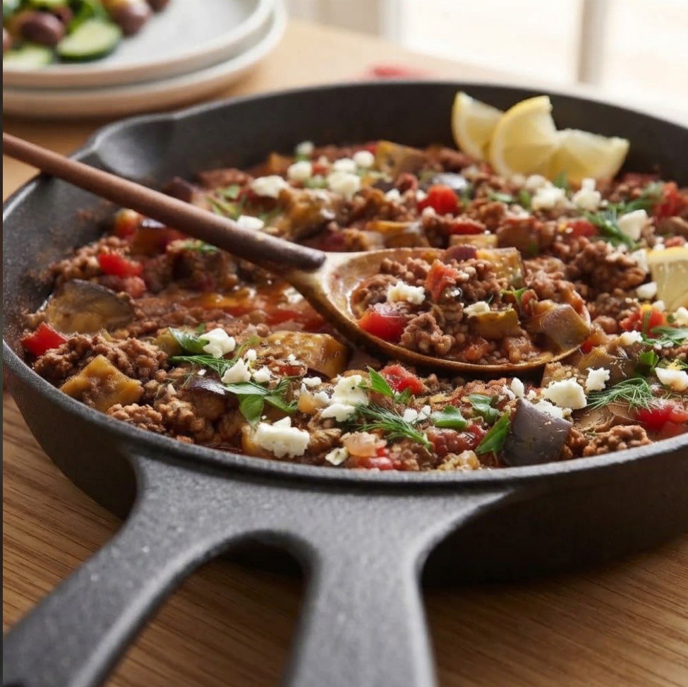 A cast iron skillet filled with a hearty mixture of ground meat, vegetables, and topped with herbs and feta cheese, with a wooden spoon resting inside.