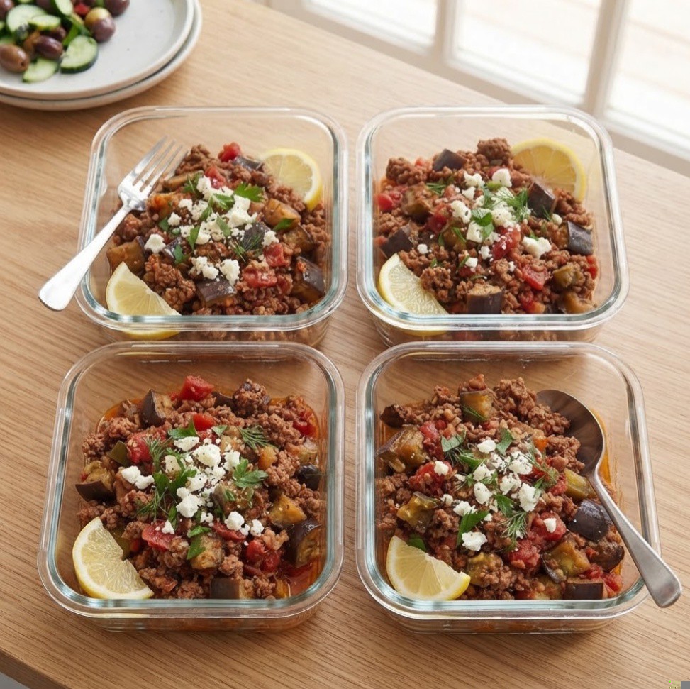 Four glass containers filled with a mixed dish of ground meat, vegetables, and herbs, garnished with lemon wedges and feta cheese, placed on a wooden table.