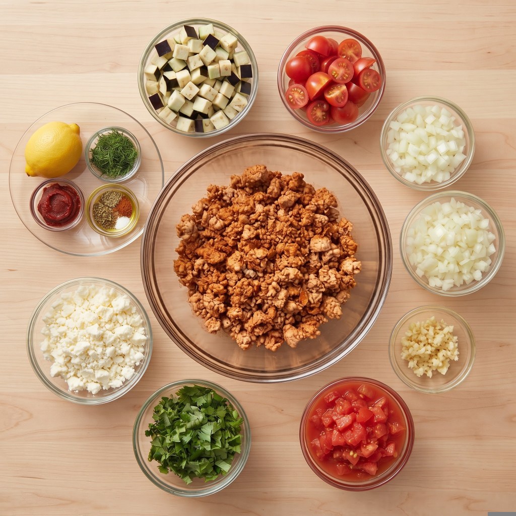 A variety of fresh ingredients arranged on a wooden surface, including chopped eggplant, cherry tomatoes, diced onions, minced garlic, ground meat, feta cheese, cilantro, a lemon, and various spices in small bowls.