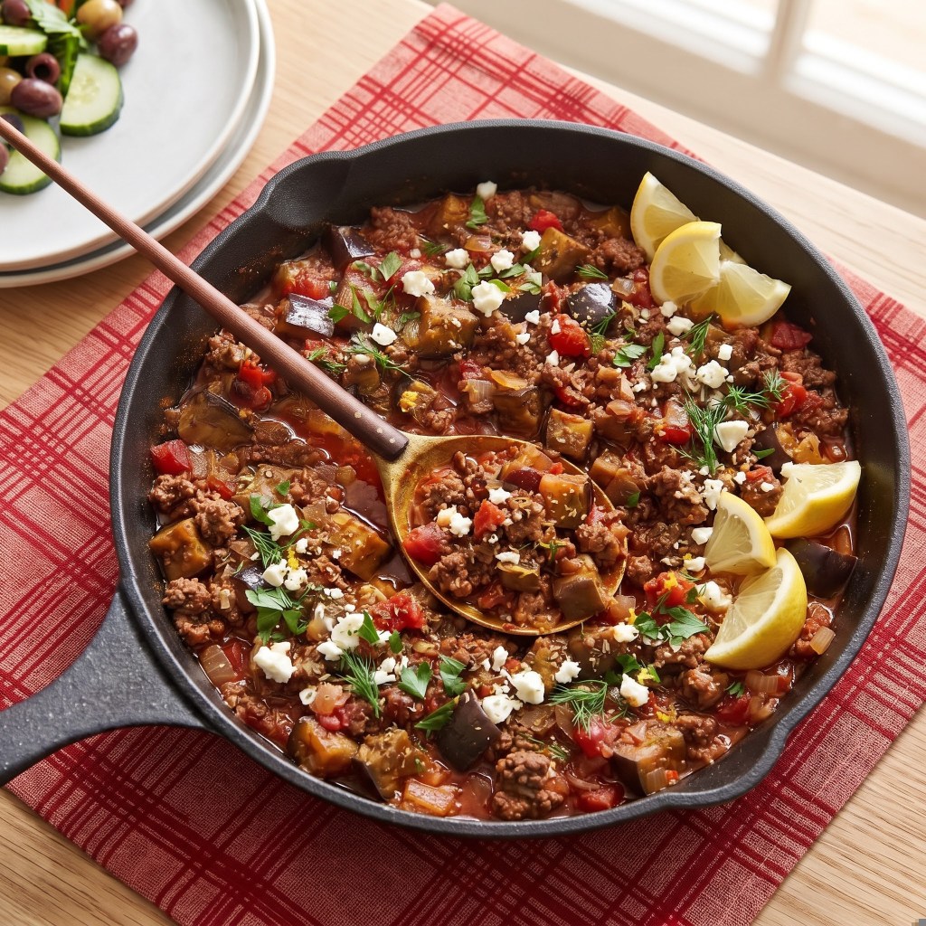 A skillet filled with a hearty dish featuring ground meat, diced vegetables, and garnished with lemon wedges and herbs, placed on a red plaid tablecloth.