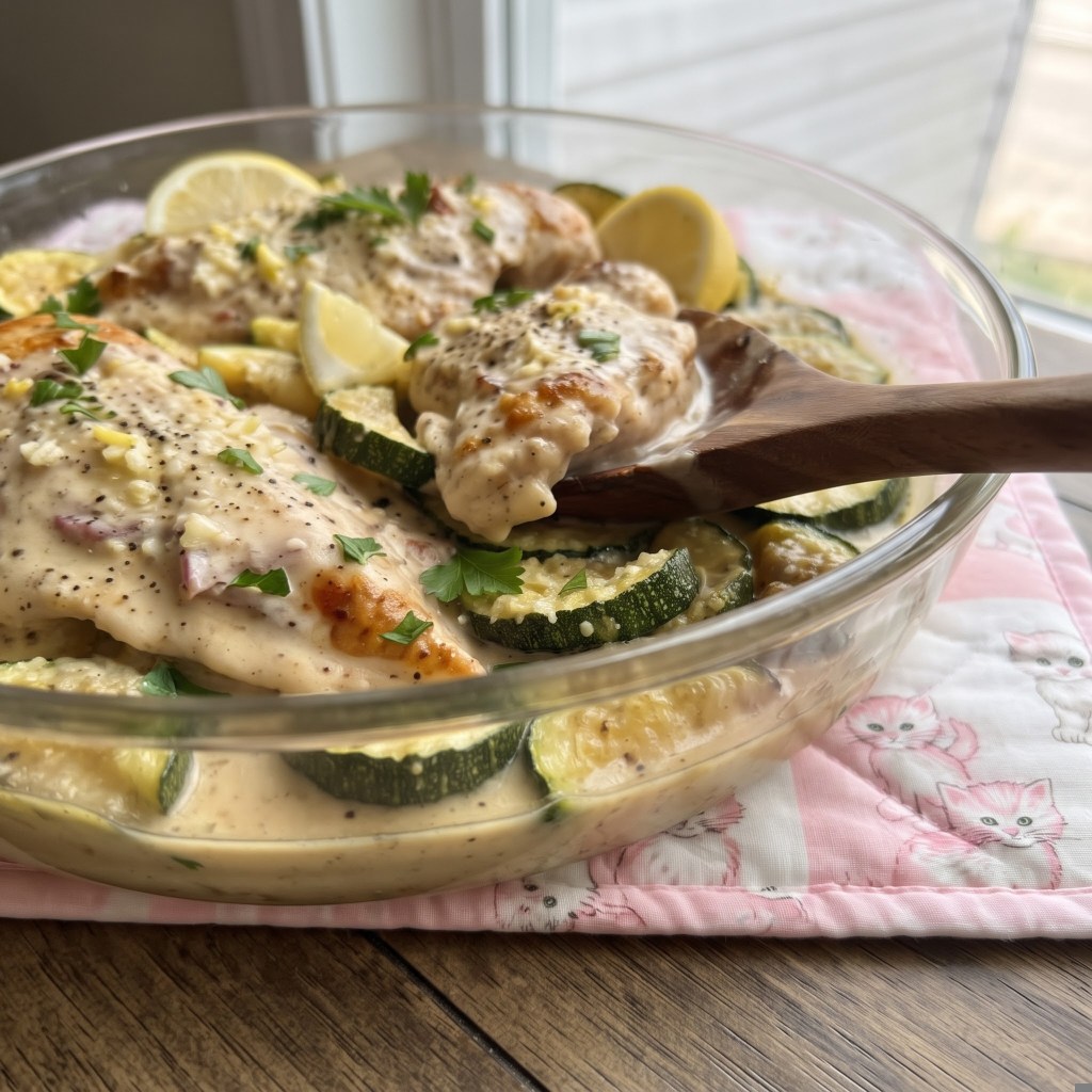 A glass dish with seasoned chicken fillets and zucchini slices, topped with a creamy sauce and garnished with parsley and lemon slices, resting on a pink fabric with cat patterns.