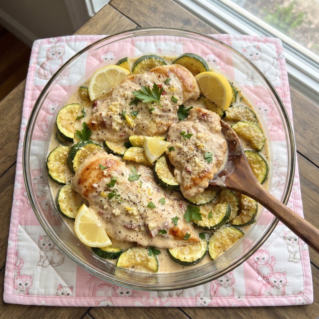 A glass dish containing baked chicken breasts topped with a creamy sauce, surrounded by sliced zucchini and lemon wedges, placed on a pink quilted surface featuring a cat pattern.