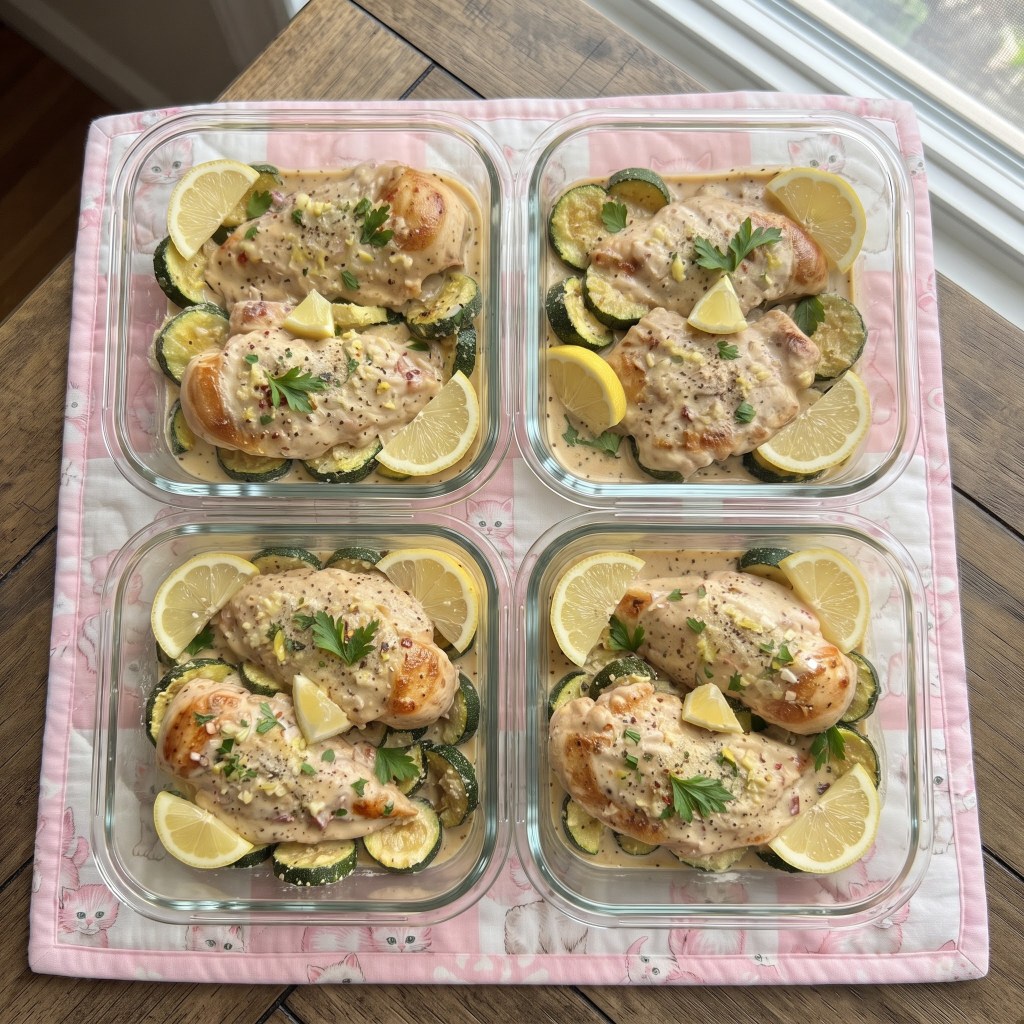 Four glass meal prep containers filled with lemon herb chicken and zucchini slices, garnished with lemon wedges and parsley, placed on a pink cat-themed placemat.