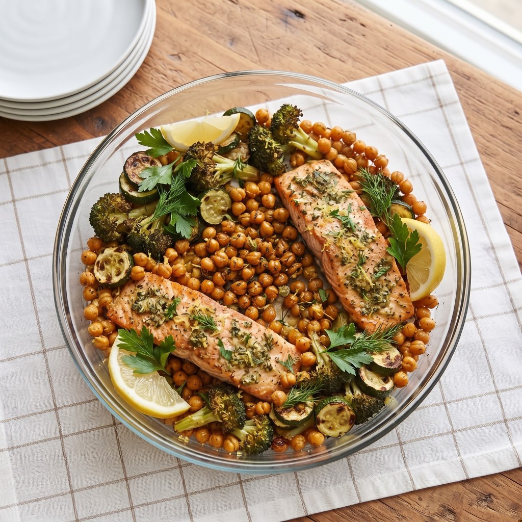 A glass dish with two fillets of baked salmon topped with herbs, surrounded by roasted chickpeas, broccoli, and sliced lemon, placed on a checkered cloth with stacked white plates in the background.