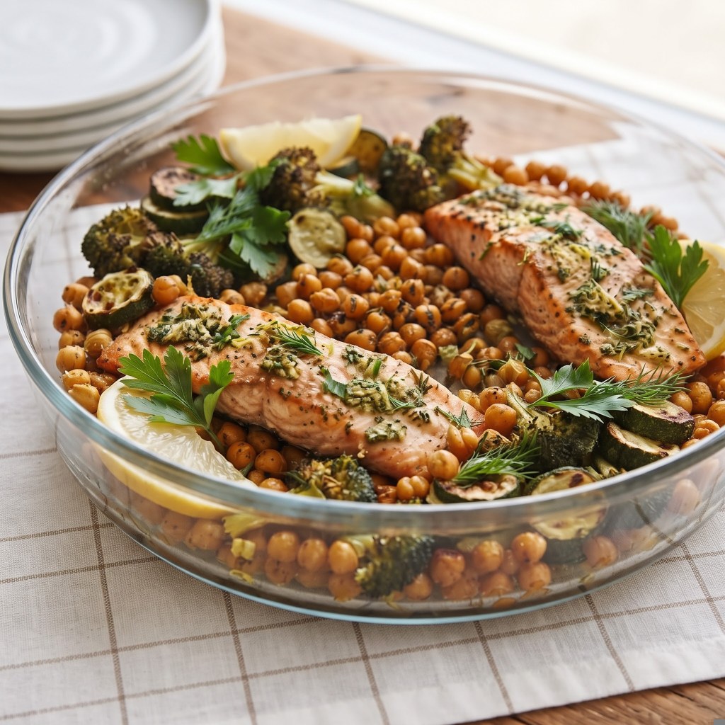 A glass dish filled with baked salmon fillets, chickpeas, and assorted roasted vegetables, garnished with lemon slices and fresh herbs.