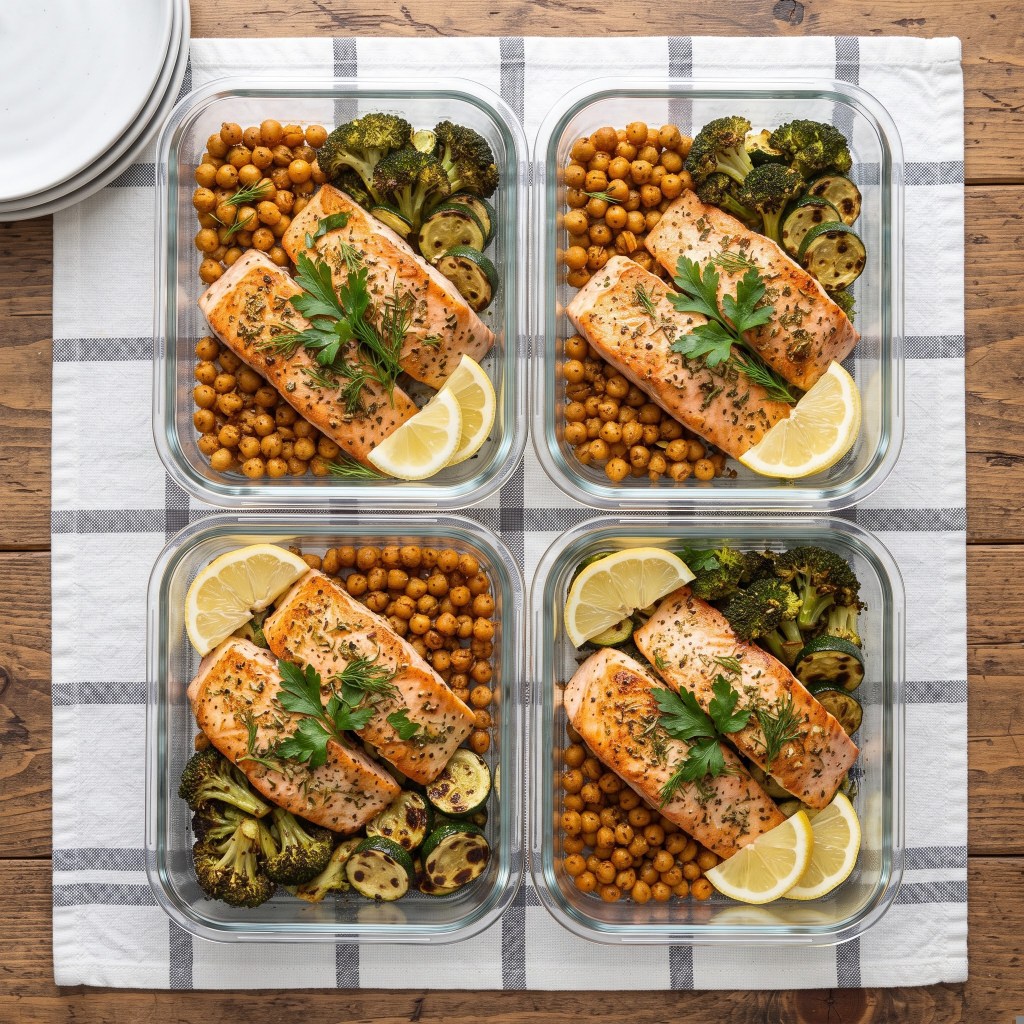 Four meal prep containers each filled with salmon fillets, roasted chickpeas, grilled zucchini, and broccoli, garnished with lemon wedges and parsley on a checkered tablecloth.