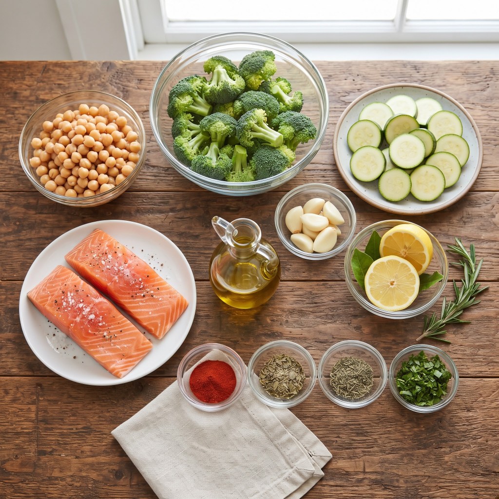 A selection of fresh ingredients on a wooden table including broccoli, chickpeas, salmon fillets, sliced cucumbers, garlic cloves, lemons, olive oil, and various herbs and spices.