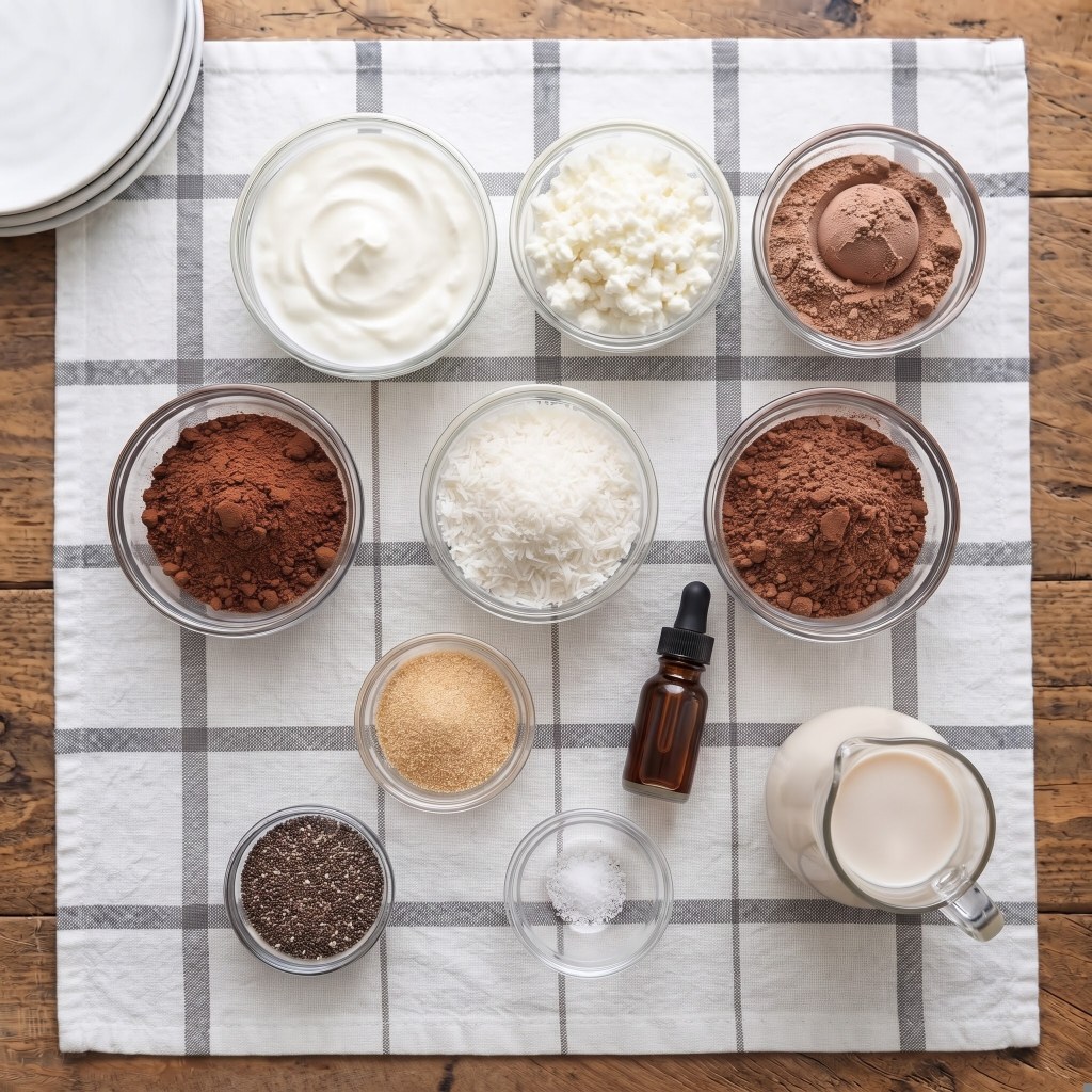 An assortment of ingredients for baking or cooking displayed in glass bowls, including yogurt, cottage cheese, cocoa powder, shredded coconut, chocolate powder, sugar, chia seeds, salt, and a liquid in a measuring cup, all arranged on a checked cloth.