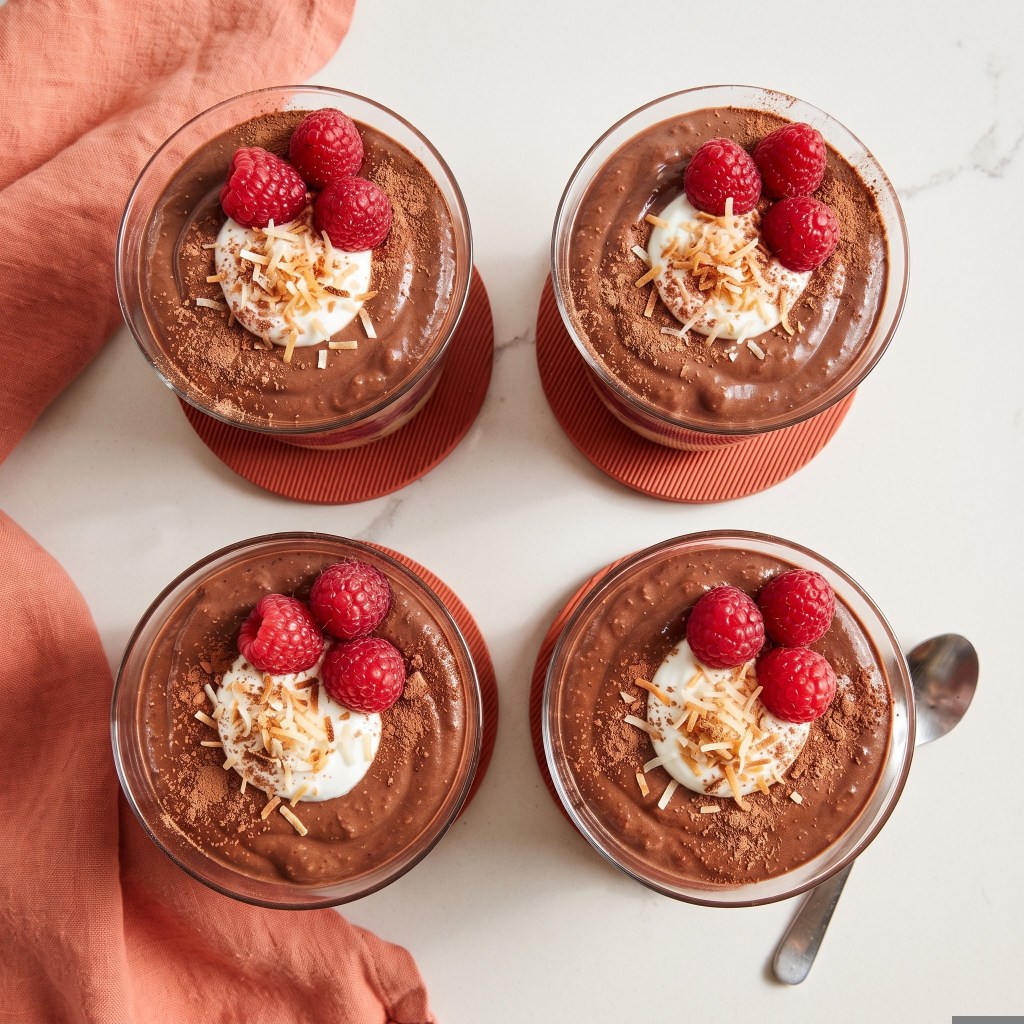 Four chocolate mousse desserts in glass bowls topped with whipped cream, raspberries, and toasted coconut, arranged on a light surface.