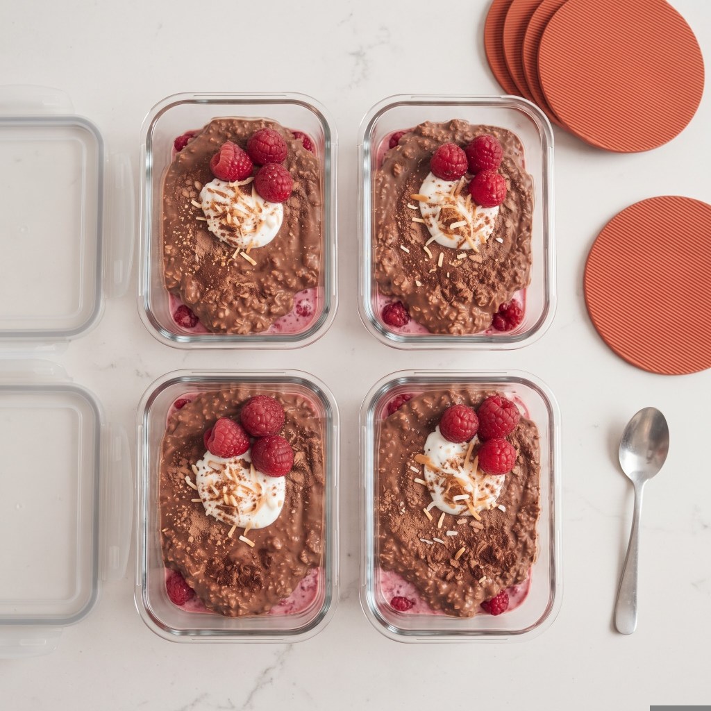 Four glass containers filled with chocolate raspberry parfait topped with whipped cream, raspberries, and coconut flakes, placed on a marble surface with a spoon and coasters nearby.