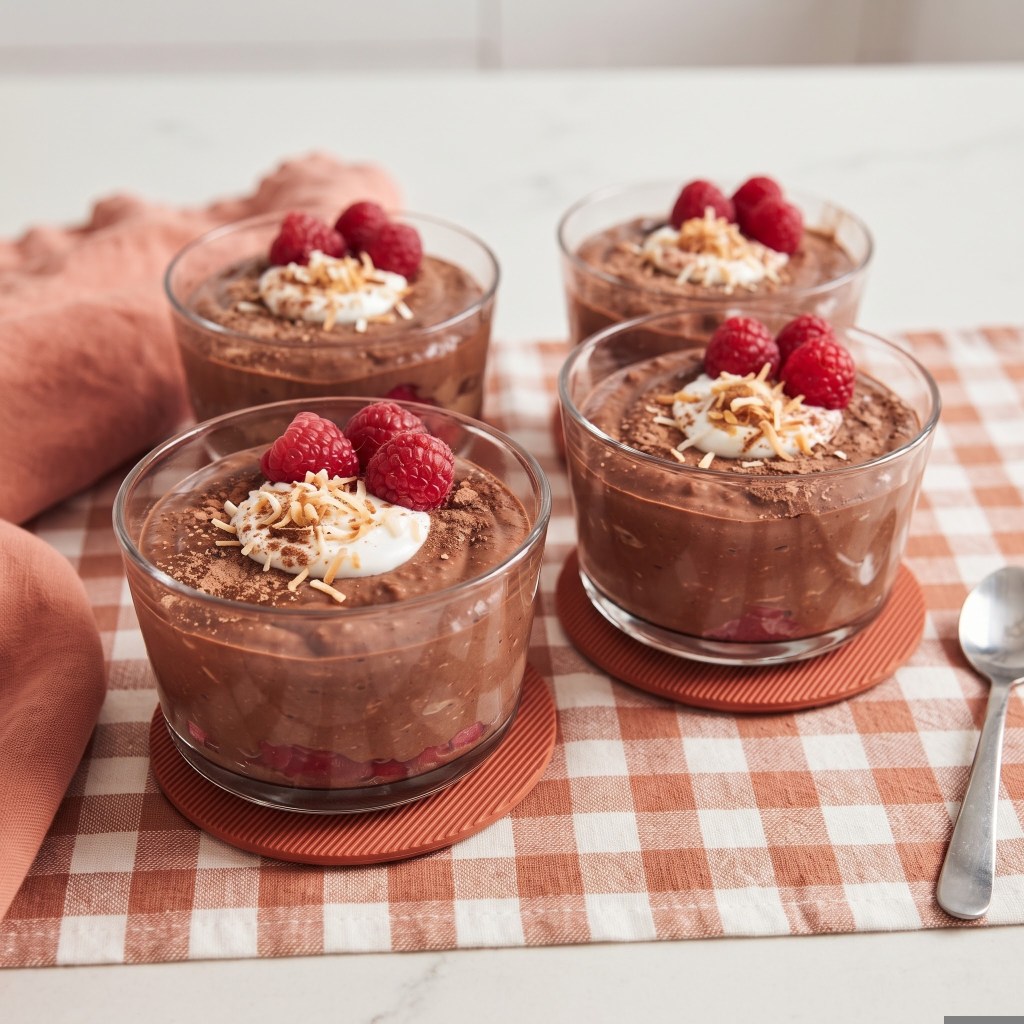 Four glass dessert cups filled with chocolate mousse topped with whipped cream, fresh raspberries, and toasted coconut on a checkered tablecloth.