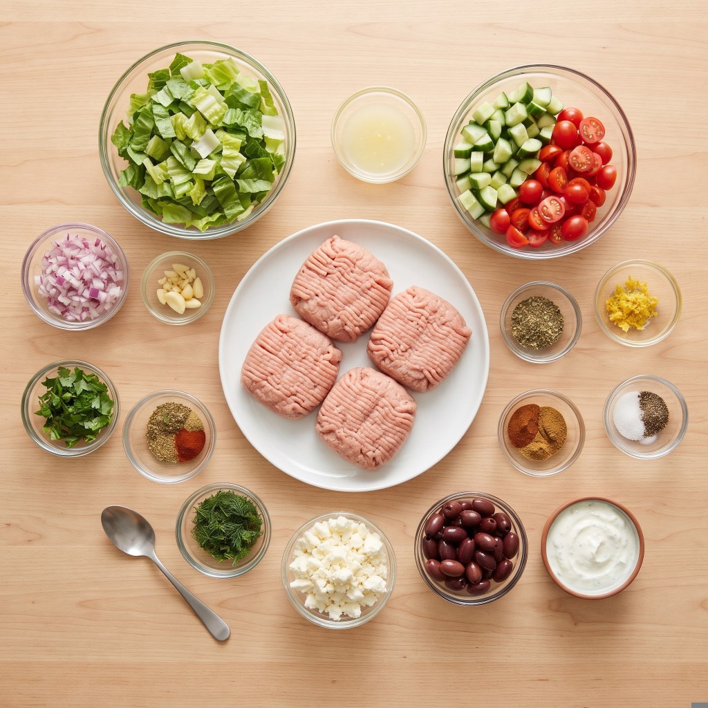 A variety of fresh ingredients and seasonings laid out on a wooden surface, including chopped leaf lettuce, diced cucumbers, halved cherry tomatoes, ground meat patties, chopped onions, garlic, herbs, spices, feta cheese, olives, and yogurt.
