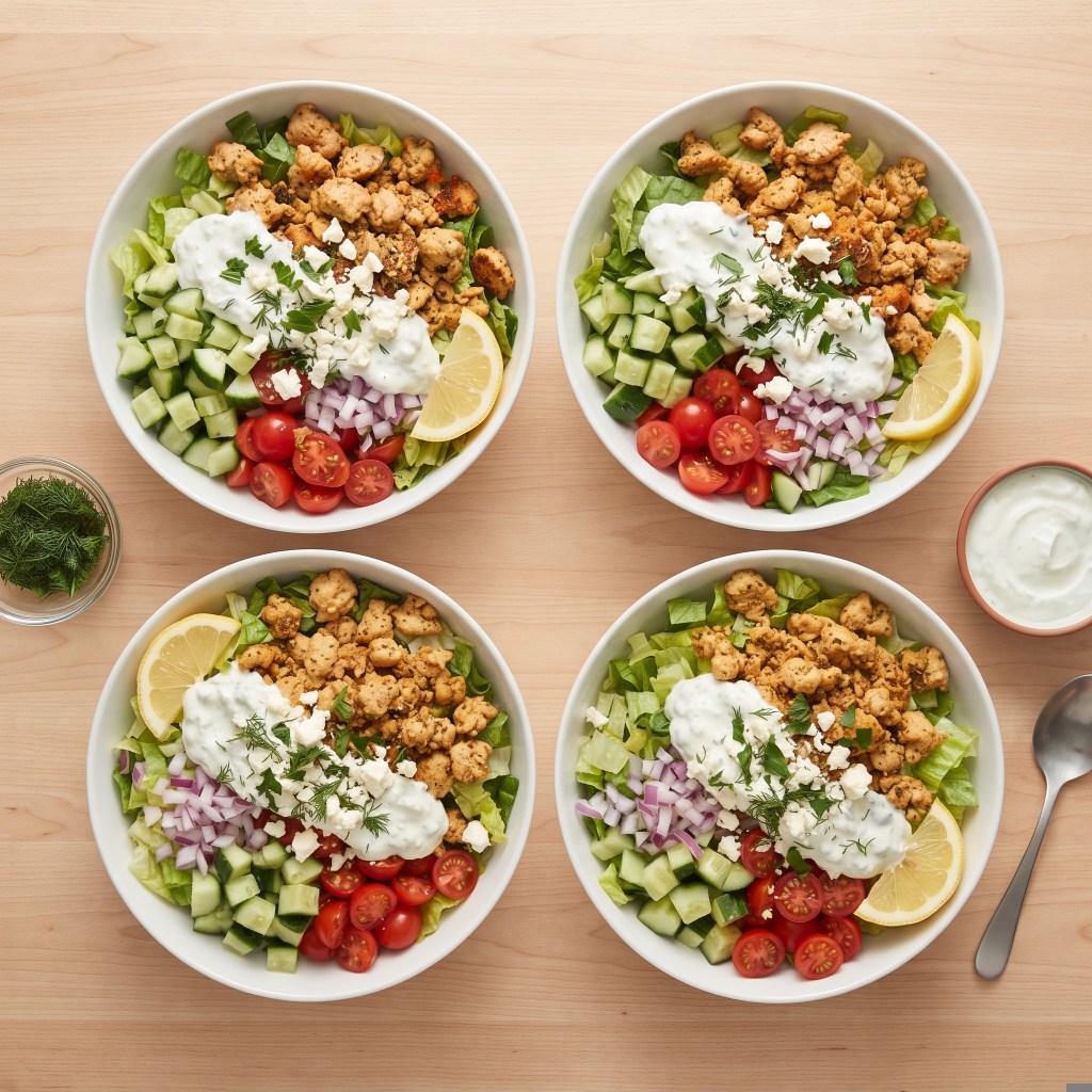 Four bowls of salad featuring chopped lettuce, cucumbers, tomatoes, red onions, and seasoned crumbled protein, topped with yogurt sauce, lemon wedges, and fresh herbs.