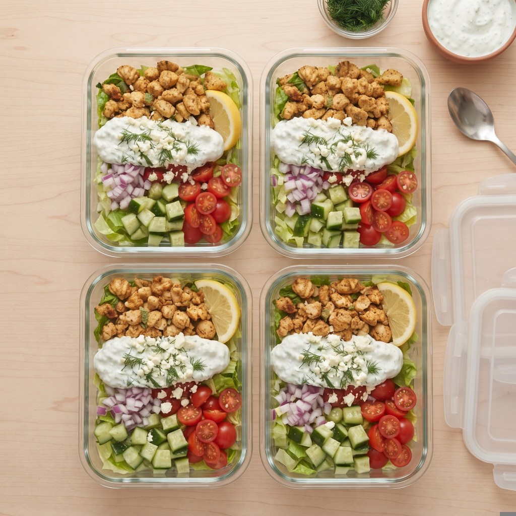 Four glass meal prep containers filled with fresh salads, topped with grilled chicken, cucumbers, cherry tomatoes, red onions, lemon slices, and a dollop of yogurt sauce with dill, on a wooden surface.