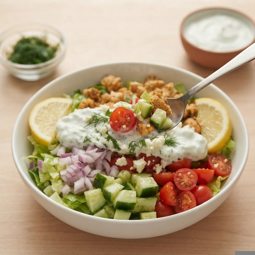 A colorful salad bowl featuring lettuce, diced cucumbers, cherry tomatoes, red onion, and topped with crispy chicken and a dollop of yogurt sauce, garnished with lemon slices.