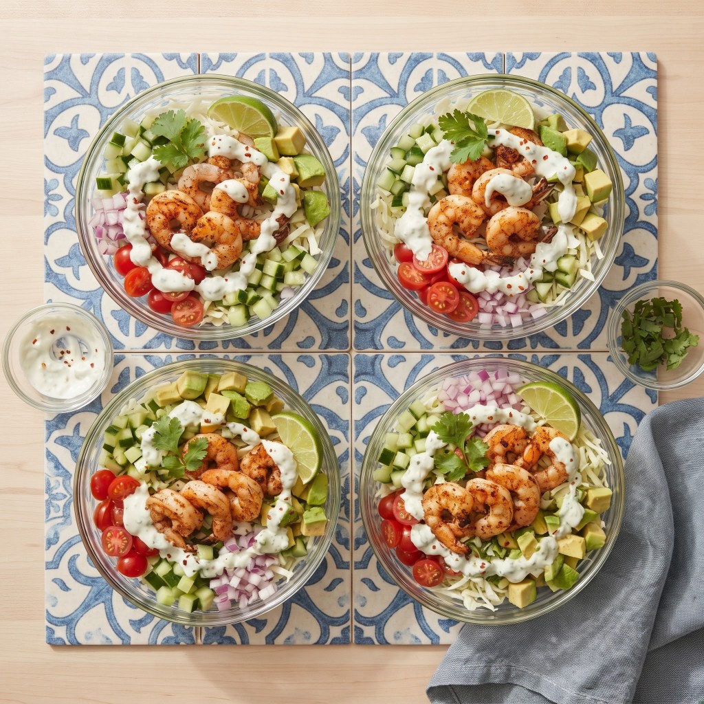Four bowls of fresh salad topped with grilled shrimp, sliced avocado, diced cucumbers, cherry tomatoes, and garnished with lime and cilantro on a decorative blue tile background.