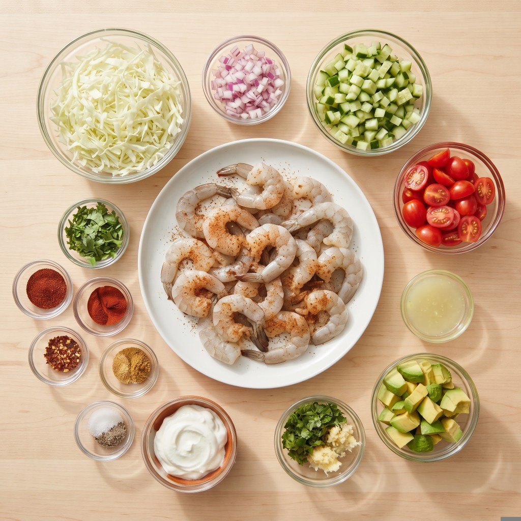 A variety of fresh ingredients arranged on a wooden surface, including raw shrimp on a white plate, chopped cabbage, diced onions, cucumber, halved cherry tomatoes, avocado, garlic, herbs, and an assortment of spices in small bowls.
