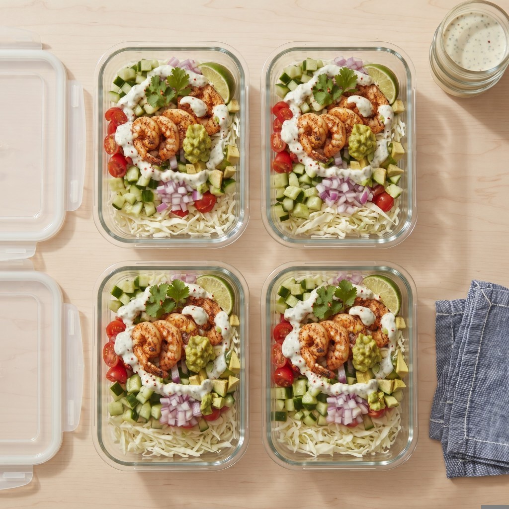 Four meal prep containers filled with shrimp, fresh vegetables, and toppings, including guacamole and lime, arranged on a light wooden surface.