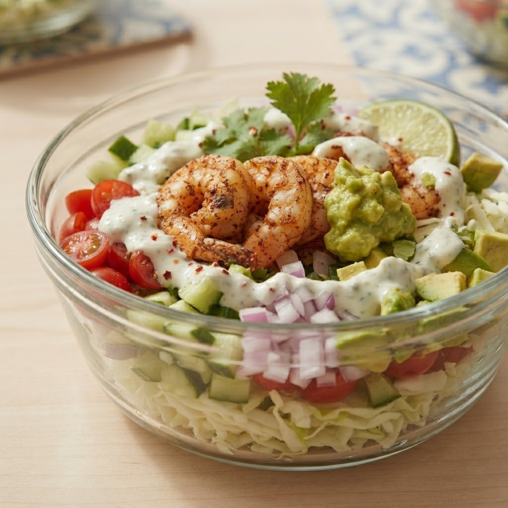 A glass bowl filled with a salad featuring cooked shrimp, cherry tomatoes, cucumber, red onion, shredded cabbage, guacamole, cilantro, and a drizzle of creamy dressing.