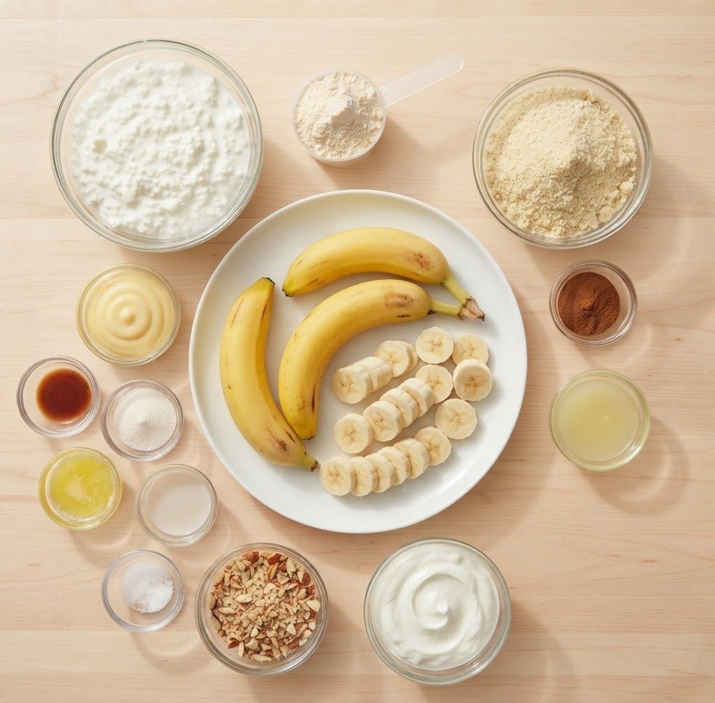 An assortment of ingredients for a recipe, including whole bananas, sliced bananas on a plate, bowls of cottage cheese, flour, almond flour, and various liquids and spices such as honey, vanilla extract, lemon juice, and ground cinnamon, arranged on a wooden surface.