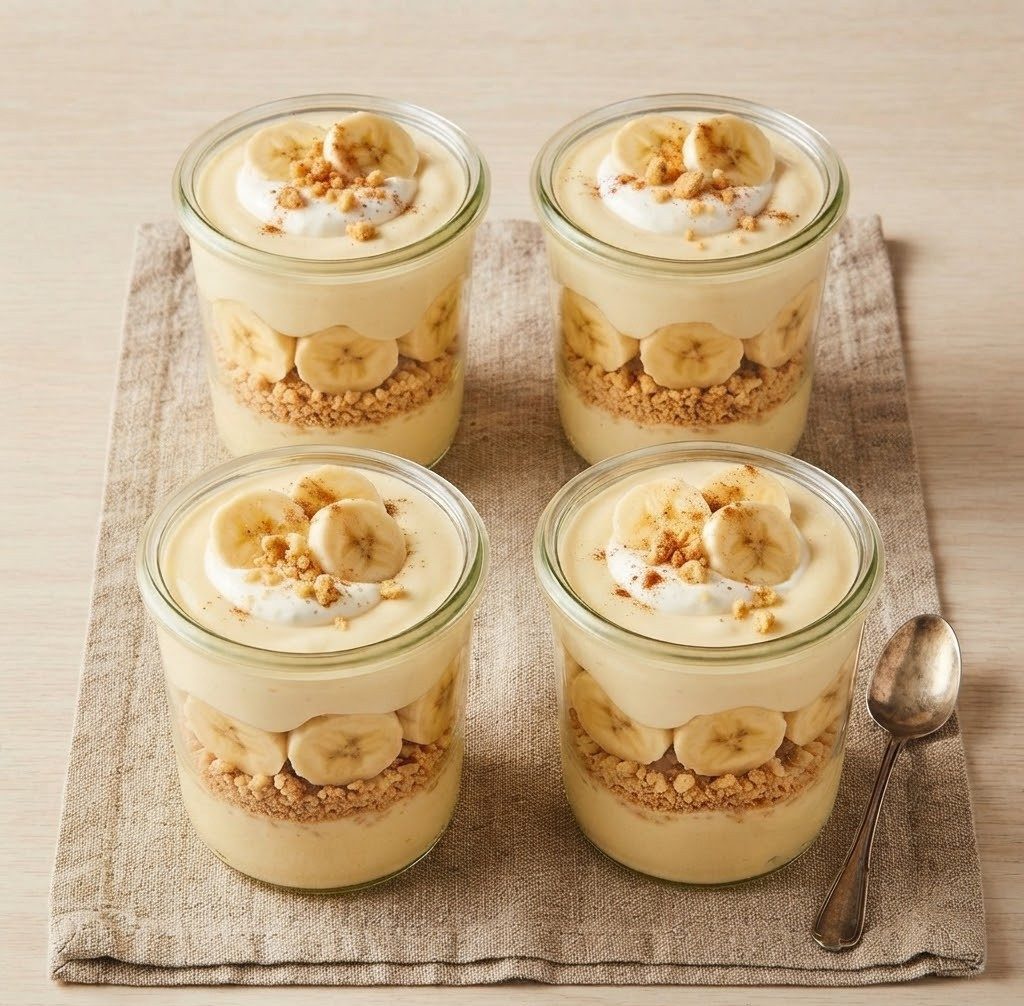 Four jars of banana pudding layered with sliced bananas, whipped cream, and crumbled cookies, displayed on a linen cloth.