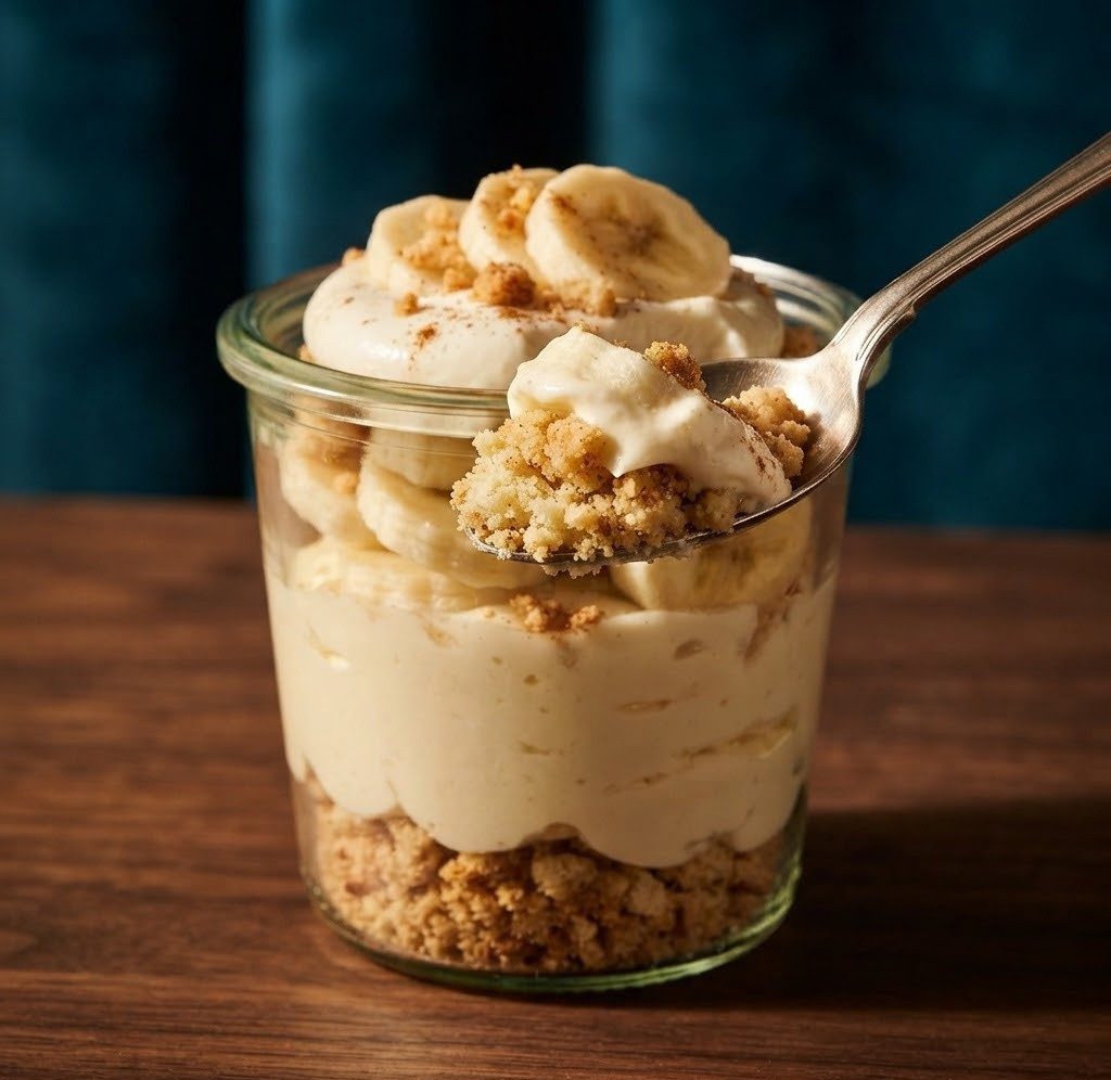 A glass dessert jar filled with layers of banana, creamy filling, and crumbled cookies, topped with banana slices and a sprinkle of cinnamon.