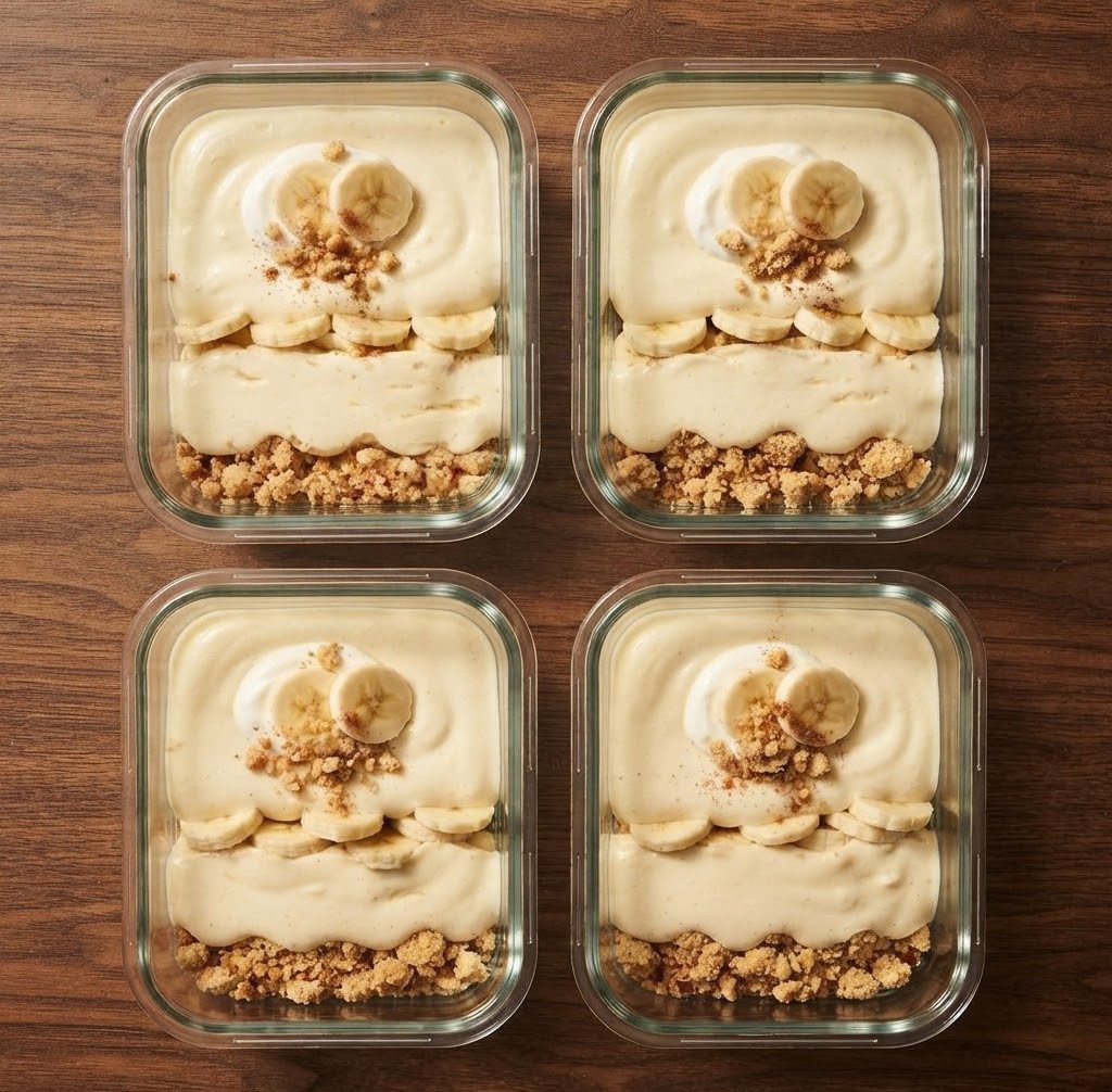 Four glass containers of banana dessert layered with banana slices, creamy filling, and crumbled topping on a wooden surface.