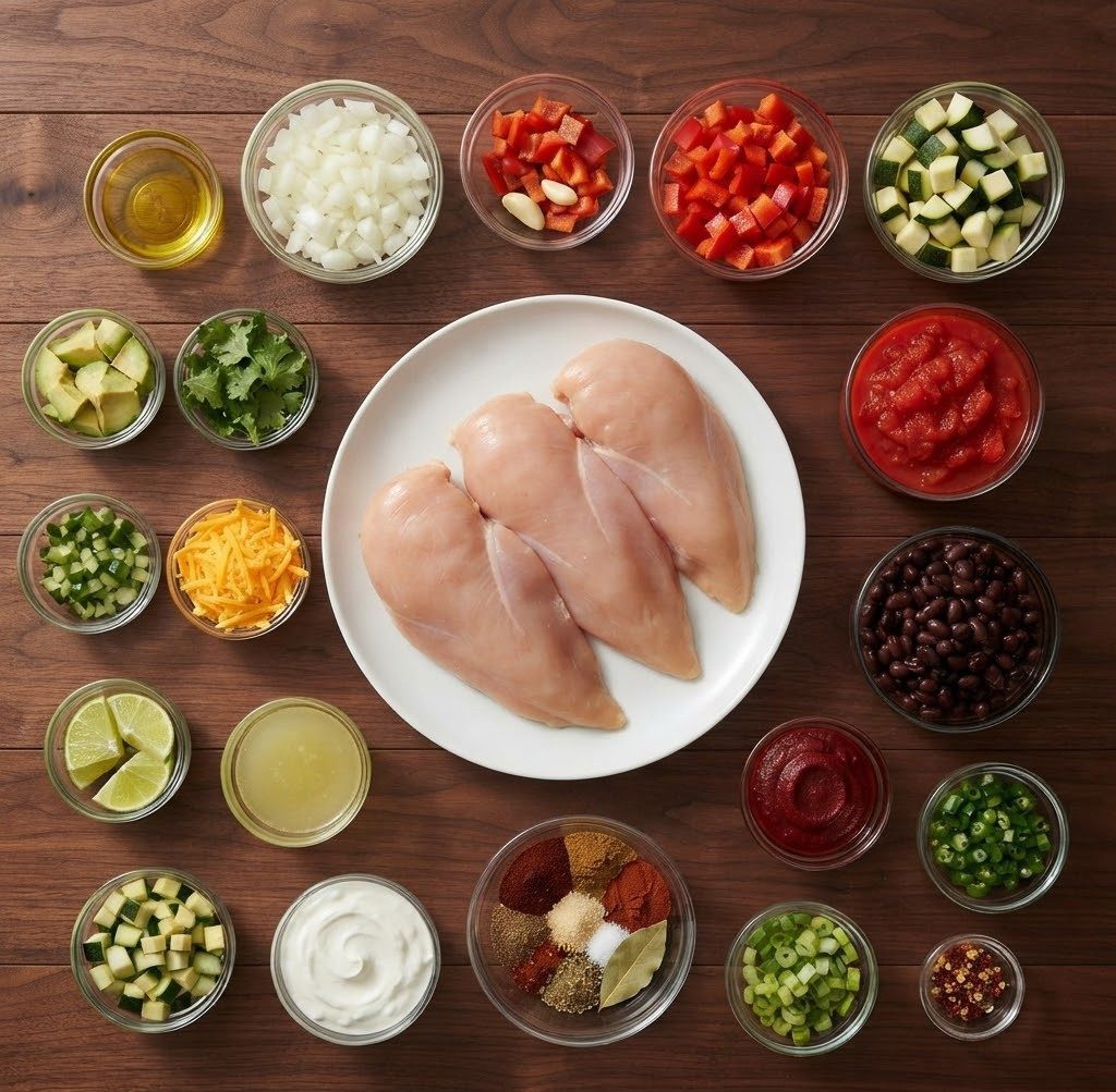 A wooden table displaying an array of ingredients for cooking, including three raw chicken breasts in a white plate at the center, surrounded by bowls of chopped vegetables, herbs, spices, and condiments.