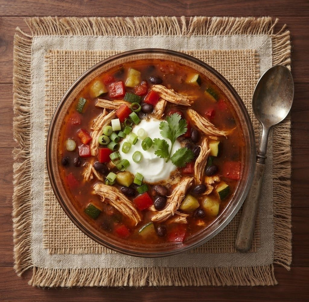A bowl of chicken soup garnished with sour cream, chopped green onions, and cilantro, surrounded by colorful vegetables like red peppers, zucchini, and black beans on a burlap placemat.