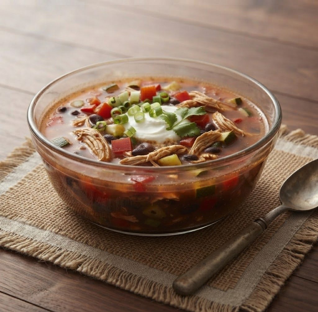 A bowl of hearty chicken soup with vegetables and black beans, topped with green onions, cilantro, and a dollop of sour cream, on a rustic table.