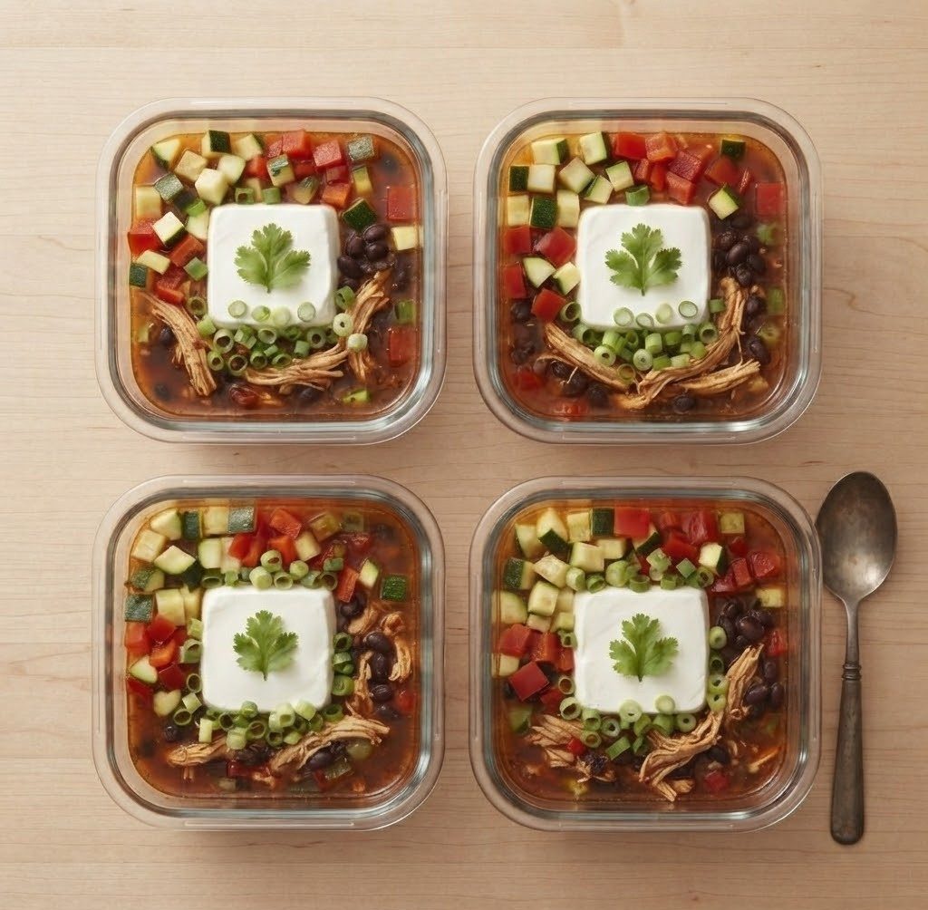 Four glass containers filled with a colorful vegetable soup featuring beans, shredded chicken, diced cucumbers, red bell peppers, and topped with a dollop of sour cream and fresh cilantro.