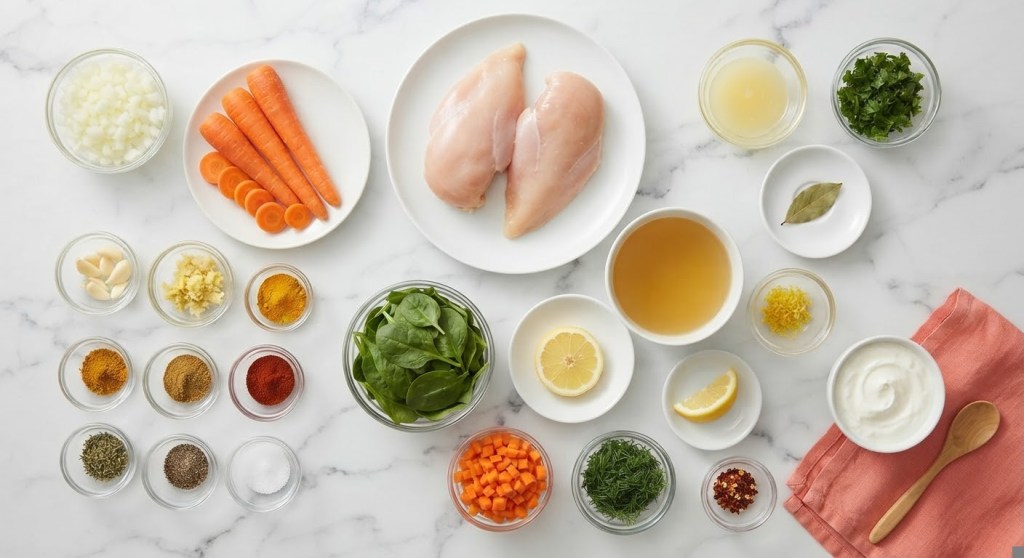 An assortment of fresh ingredients for cooking, including chicken breasts, diced onions, sliced carrots, spinach, garlic, ginger, various spices, lemon, and herbs, laid out on a marble countertop.