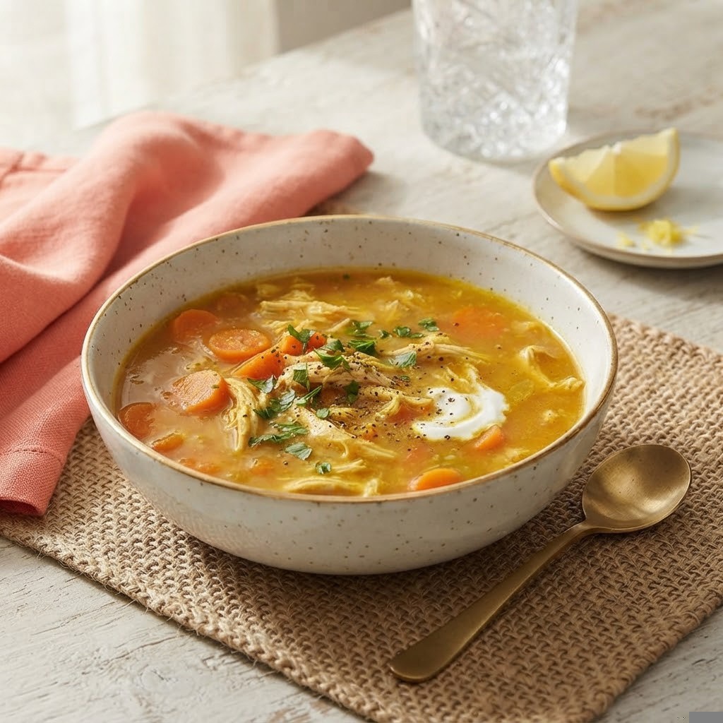 A bowl of chicken soup with carrots, herbs, and a dollop of cream, placed on a textured table with a pink napkin and a lemon slice on a small plate.