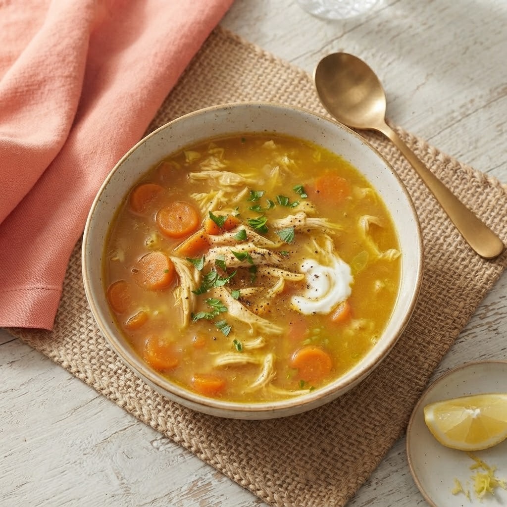 A bowl of chicken soup with shredded chicken, carrots, and herbs, served with a dollop of cream on top. The bowl is placed on a textured placemat next to a golden spoon and a lemon wedge.