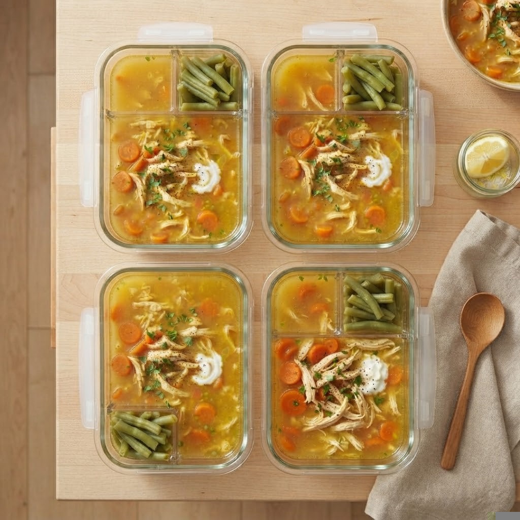 Four meal prep containers filled with chicken soup, carrots, and green beans on a wooden table.