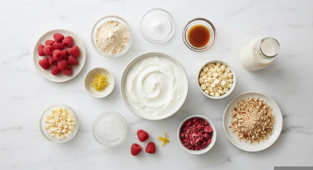 A variety of ingredients for a recipe displayed on a marble surface, including fresh raspberries, flour, sugar, vanilla extract, almond flakes, white chocolate chips, yogurt, coconut, and freeze-dried strawberries.