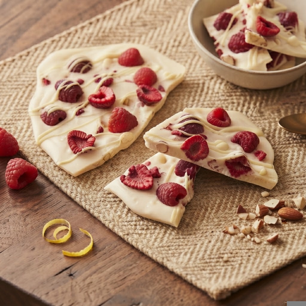 White chocolate bark topped with fresh raspberries and drizzled with white chocolate, placed on a woven mat with almonds and lemon zest nearby.
