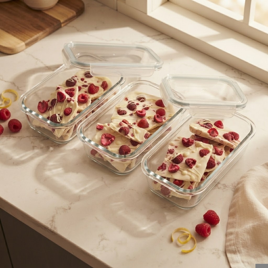 Three glass containers filled with white chocolate bark topped with raspberries, placed on a marble countertop near a window, with scattered raspberries and lemon peels nearby.