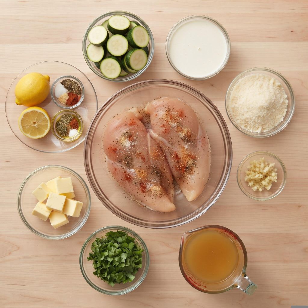 Ingredients for a chicken dish laid out on a wooden surface, including seasoned chicken breasts, zucchini slices, lemon, spices, garlic, butter, cilantro, cream, Parmesan cheese, and chicken broth.
